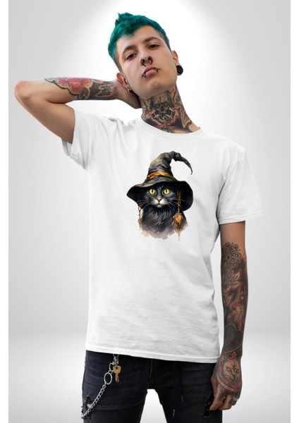 Cadı Mistik Şapkalı Kedi Kadın Erkek Ön Baskılı Beyaz Pamuklu Tişört Penye Klasik indirimleri