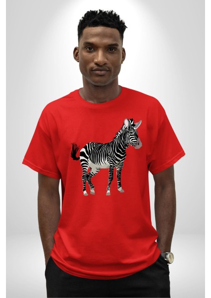 Vahşi Orman Zebra Kadın Erkek Ön Baskılı Kırmızı Pamuklu Tişört Penye Klasik fırsatları