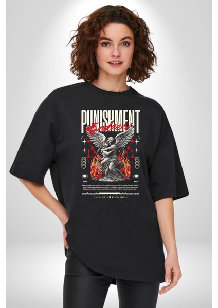 Cezanın Sonu Melek ve Yunan Insanı Kadın Erkek Ön Baskılı Siyah Pamuklu Tişört Penye Klasik