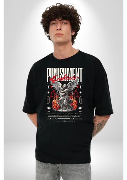 Cezanın Sonu Melek ve Yunan Insanı Kadın Erkek Ön Baskılı Siyah Pamuklu Tişört Penye Klasik fiyatları