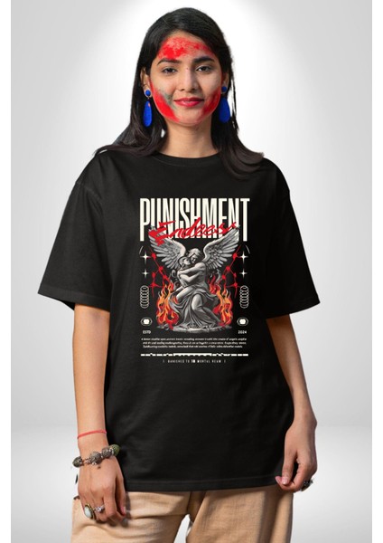 Cezanın Sonu Melek ve Yunan Insanı Kadın Erkek Ön Baskılı Siyah Pamuklu Tişört Penye Klasik indirimleri