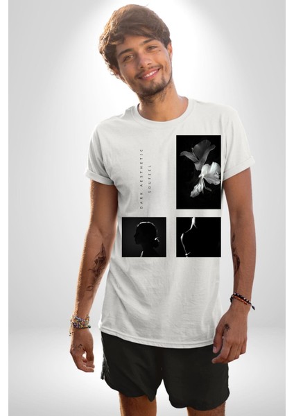 Modern Art Kadın ve Çiçek Kadın Erkek Ön Baskılı Beyaz Pamuklu Tişört Penye Klasik