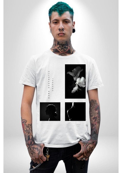 Modern Art Kadın ve Çiçek Kadın Erkek Ön Baskılı Beyaz Pamuklu Tişört Penye Klasik indirimleri