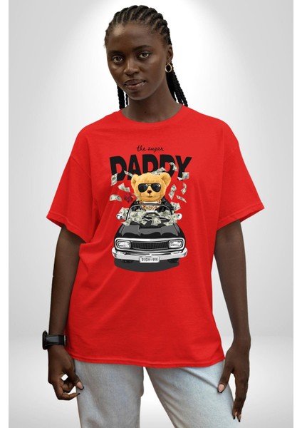 Para Babası Oyuncak Ayı Kadın Erkek Ön Baskılı Kırmızı Pamuklu Tişört Penye Klasik