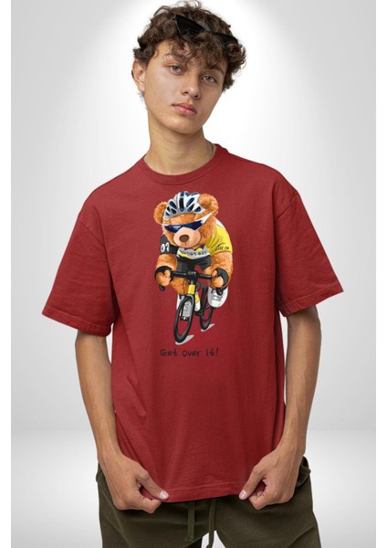 Bisiklet Süren Havalı Oyuncak Ayı Kadın Erkek Ön Baskılı Kırmızı Pamuklu Tişört Penye Klasik fiyatları