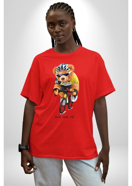Bisiklet Süren Havalı Oyuncak Ayı Kadın Erkek Ön Baskılı Kırmızı Pamuklu Tişört Penye Klasik modelleri