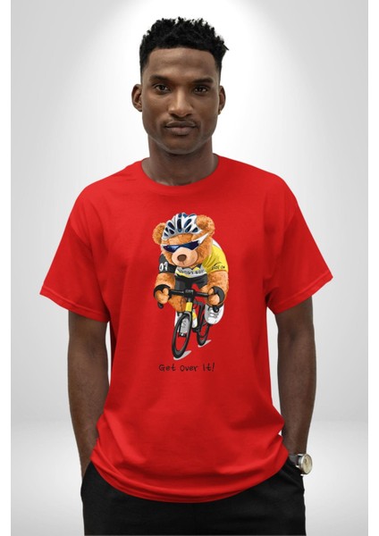 Bisiklet Süren Havalı Oyuncak Ayı Kadın Erkek Ön Baskılı Kırmızı Pamuklu Tişört Penye Klasik fırsatları