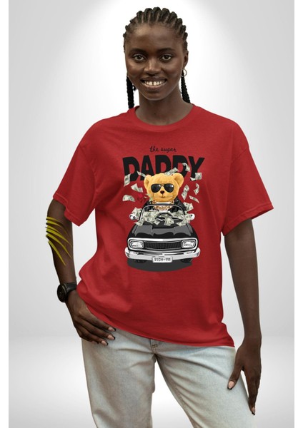 Para Babası Oyuncak Ayı Kadın Erkek Ön Baskılı Kırmızı Pamuklu Tişört Penye Klasik modelleri