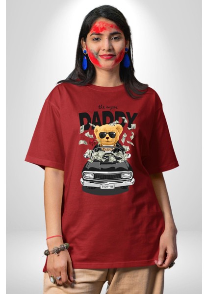 Para Babası Oyuncak Ayı Kadın Erkek Ön Baskılı Kırmızı Pamuklu Tişört Penye Klasik indirimleri