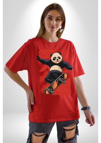 Kaykaycı Havalı Panda Kadın Erkek Ön Baskılı Kırmızı Pamuklu Tişört Penye Klasik