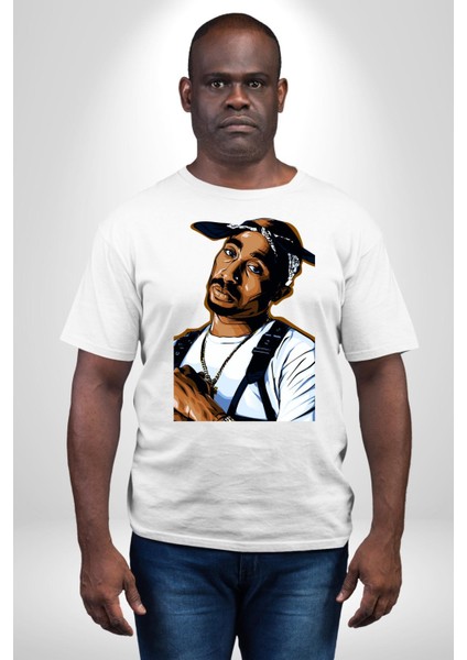Tupac Rap Efsanesi Kadın Erkek Ön Baskılı Beyaz Pamuklu Tişört Penye Klasik