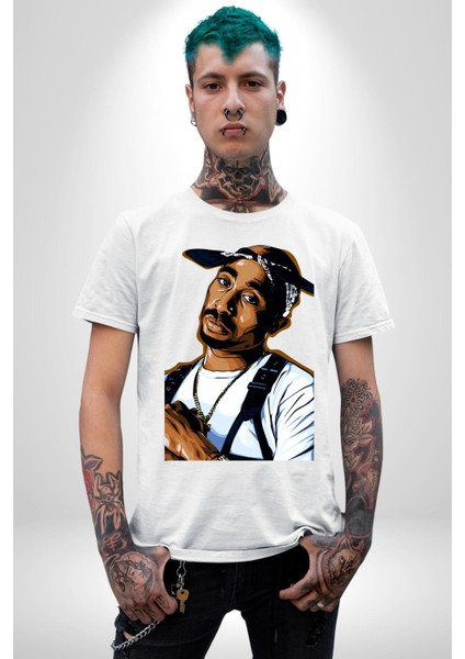 Tupac Rap Efsanesi Kadın Erkek Ön Baskılı Beyaz Pamuklu Tişört Penye Klasik fiyatları
