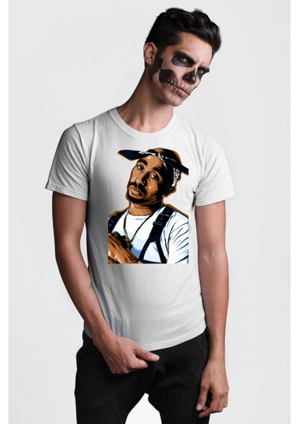 Tupac Rap Efsanesi Kadın Erkek Ön Baskılı Beyaz Pamuklu Tişört Penye Klasik modelleri