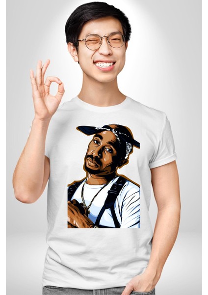 Tupac Rap Efsanesi Kadın Erkek Ön Baskılı Beyaz Pamuklu Tişört Penye Klasik fırsatları