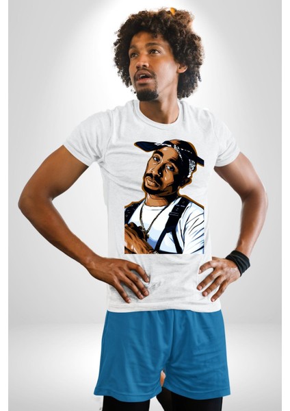 Tupac Rap Efsanesi Kadın Erkek Ön Baskılı Beyaz Pamuklu Tişört Penye Klasik indirimleri