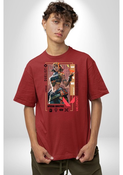 Raze Düellocu Karakter Kadın Erkek Ön Baskılı Kırmızı Pamuklu Tişört Penye Klasik fiyatları