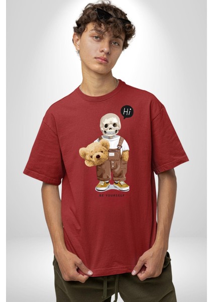 Merhaba Kurukafa Oyuncak Ayı Kadın Erkek Ön Baskılı Kırmızı Pamuklu Tişört Penye Klasik fiyatları