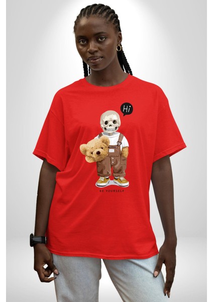 Merhaba Kurukafa Oyuncak Ayı Kadın Erkek Ön Baskılı Kırmızı Pamuklu Tişört Penye Klasik modelleri