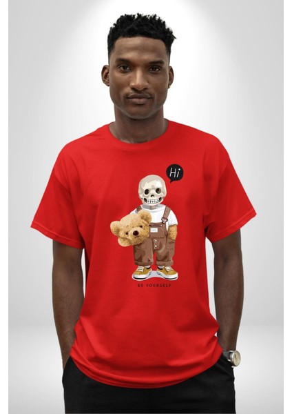 Merhaba Kurukafa Oyuncak Ayı Kadın Erkek Ön Baskılı Kırmızı Pamuklu Tişört Penye Klasik fırsatları