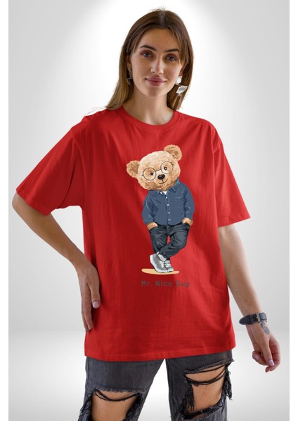 Bay Iyi Oyuncak Ayı Kadın Erkek Ön Baskılı Kırmızı Pamuklu Tişört Penye Klasik modelleri