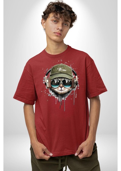 Sokak Tarzı Havalı Kedi Kadın Erkek Ön Baskılı Kırmızı Pamuklu Tişört Penye Klasik fiyatları