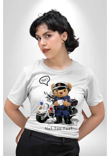 Trafik Polisi Motorcu Oyuncak Ayı Kadın Erkek Ön Baskılı Beyaz Pamuklu Tişört Penye Klasik