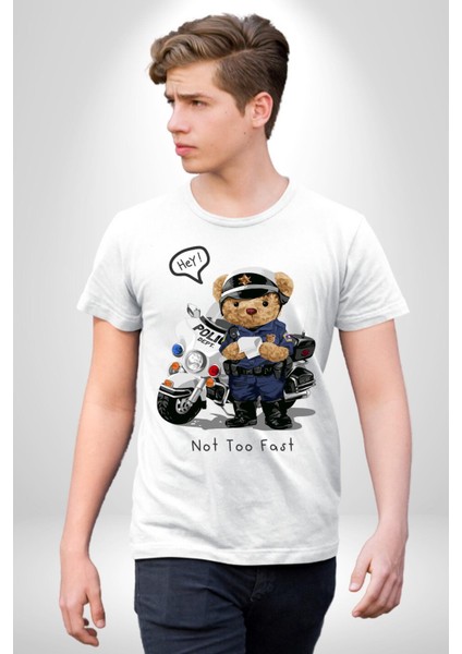 Trafik Polisi Motorcu Oyuncak Ayı Kadın Erkek Ön Baskılı Beyaz Pamuklu Tişört Penye Klasik fiyatları
