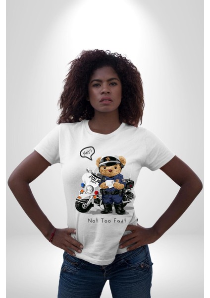 Trafik Polisi Motorcu Oyuncak Ayı Kadın Erkek Ön Baskılı Beyaz Pamuklu Tişört Penye Klasik modelleri