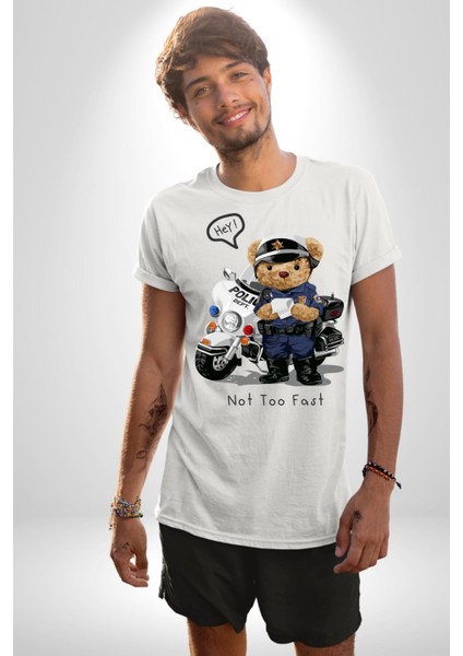 Trafik Polisi Motorcu Oyuncak Ayı Kadın Erkek Ön Baskılı Beyaz Pamuklu Tişört Penye Klasik fırsatları