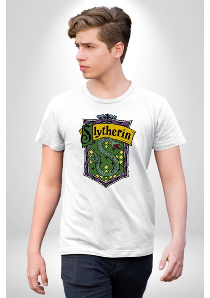 Slytherin Yılan Logo Kadın Erkek Ön Baskılı Beyaz Pamuklu Tişört Penye Klasik fırsatları