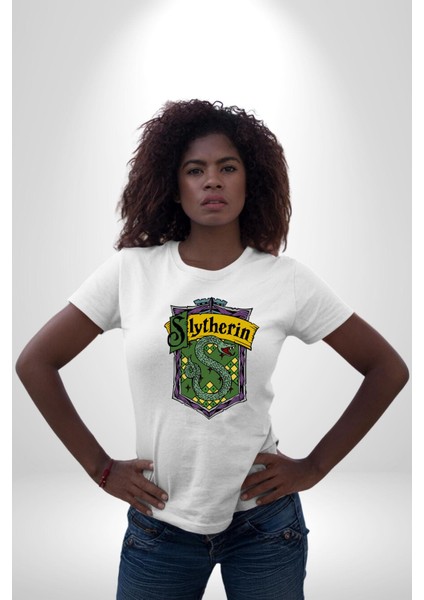 Slytherin Yılan Logo Kadın Erkek Ön Baskılı Beyaz Pamuklu Tişört Penye Klasik indirimleri