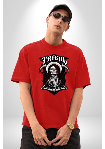 Dünyayı Tutan Kahin Iskelet Adam Kadın Erkek Ön Baskılı Kırmızı Pamuklu Tişört Penye Klasik