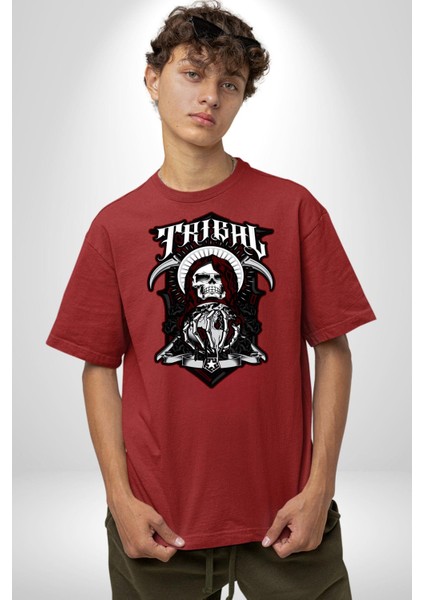 Dünyayı Tutan Kahin Iskelet Adam Kadın Erkek Ön Baskılı Kırmızı Pamuklu Tişört Penye Klasik fırsatları