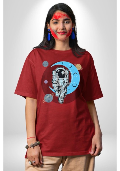 Uzay Ay Içinde Oturan Astronot Kadın Erkek Ön Baskılı Kırmızı Pamuklu Tişört Penye Klasik fiyatları