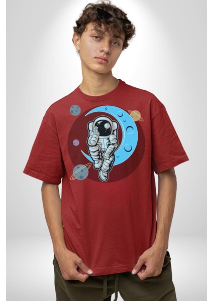 Uzay Ay Içinde Oturan Astronot Kadın Erkek Ön Baskılı Kırmızı Pamuklu Tişört Penye Klasik fırsatları