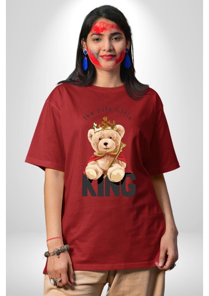 Kral Taçlı Oyuncak Ayı Kadın Erkek Ön Baskılı Kırmızı Pamuklu Tişört Penye Klasik fiyatları