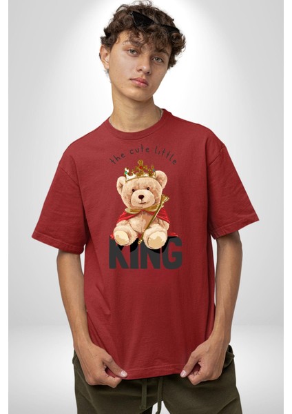 Kral Taçlı Oyuncak Ayı Kadın Erkek Ön Baskılı Kırmızı Pamuklu Tişört Penye Klasik fırsatları