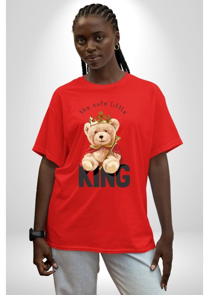 Kral Taçlı Oyuncak Ayı Kadın Erkek Ön Baskılı Kırmızı Pamuklu Tişört Penye Klasik indirimleri
