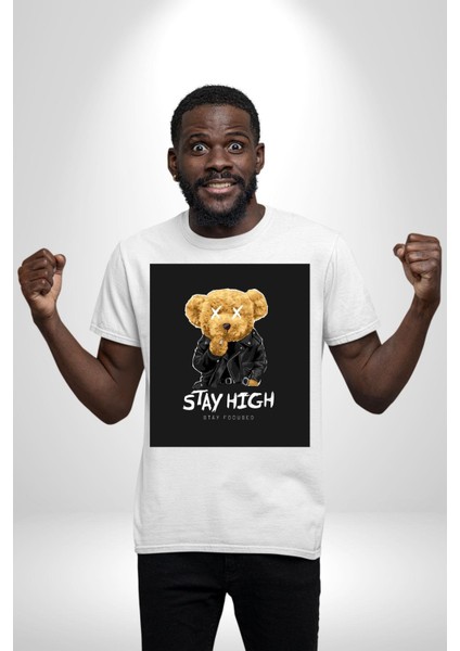 Yüksek Kal Iyi Odaklan Oyuncak Ayı Kadın Erkek Ön Baskılı Beyaz Pamuklu Tişört Penye Klasik