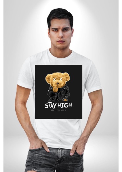 Yüksek Kal Iyi Odaklan Oyuncak Ayı Kadın Erkek Ön Baskılı Beyaz Pamuklu Tişört Penye Klasik fiyatları