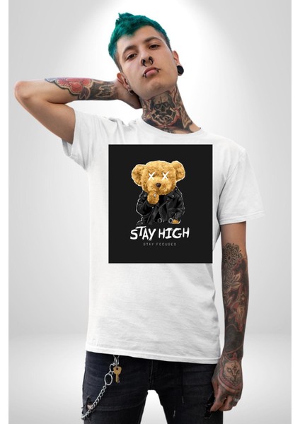 Yüksek Kal Iyi Odaklan Oyuncak Ayı Kadın Erkek Ön Baskılı Beyaz Pamuklu Tişört Penye Klasik modelleri