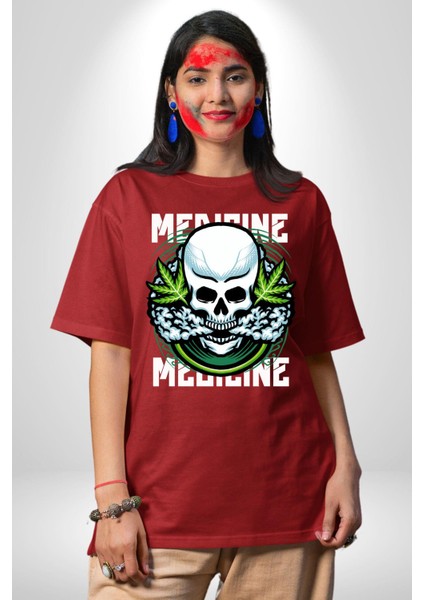 Ölü Cadılar Bayramı Kurukafa Kadın Erkek Ön Baskılı Kırmızı Pamuklu Tişört Penye Klasik modelleri