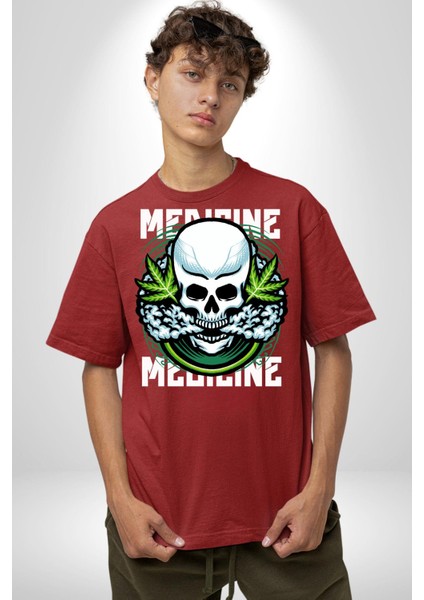 Ölü Cadılar Bayramı Kurukafa Kadın Erkek Ön Baskılı Kırmızı Pamuklu Tişört Penye Klasik indirimleri