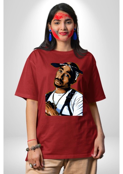 Tupac Rap Efsanesi Kadın Erkek Ön Baskılı Kırmızı Pamuklu Tişört Penye Klasik