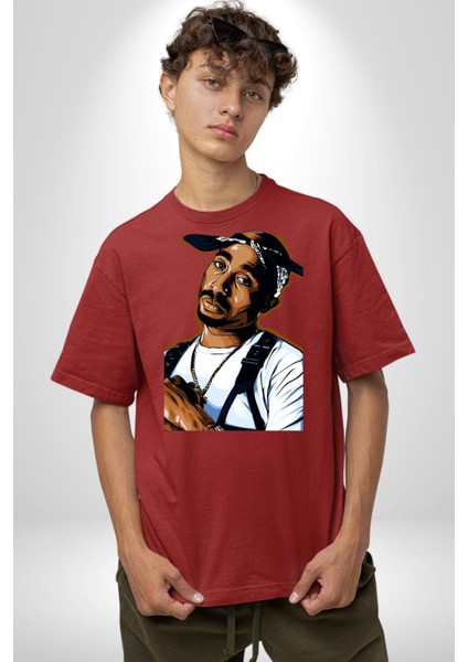 Tupac Rap Efsanesi Kadın Erkek Ön Baskılı Kırmızı Pamuklu Tişört Penye Klasik modelleri