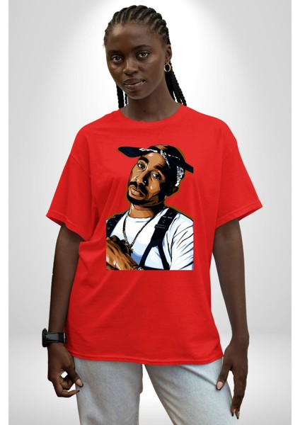 Tupac Rap Efsanesi Kadın Erkek Ön Baskılı Kırmızı Pamuklu Tişört Penye Klasik fırsatları