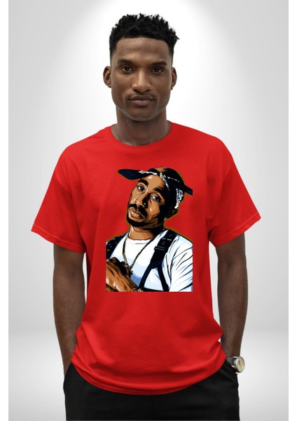 Tupac Rap Efsanesi Kadın Erkek Ön Baskılı Kırmızı Pamuklu Tişört Penye Klasik indirimleri