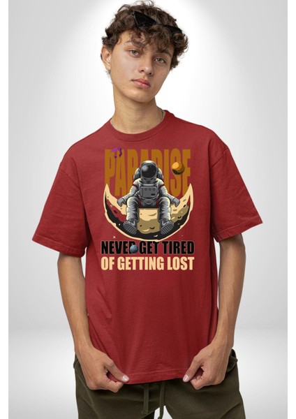 Kaybolmaktan Asla Bıkma Astronot Kadın Erkek Ön Baskılı Kırmızı Pamuklu Tişört Penye Klasik modelleri