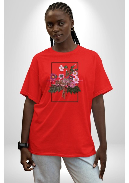 Ne Yapıyorsun Neon Çiçekler Kadın Erkek Ön Baskılı Kırmızı Pamuklu Tişört Penye Klasik