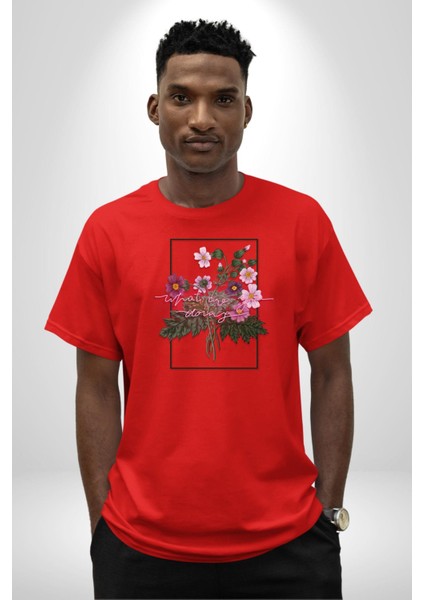 Ne Yapıyorsun Neon Çiçekler Kadın Erkek Ön Baskılı Kırmızı Pamuklu Tişört Penye Klasik fiyatları